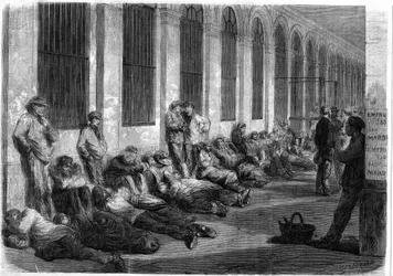 Oorlog van 1870: Parijzenaars staan in de rij voor het Ministerie van Financiën om in te schrijven op de nationale lening ter financiering van de oorlog. Tafereel van de dag vóór de opening van de loketten