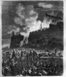 Oorlog van de Spaanse Successie (1701-1714) tussen Frankrijk en zijn bondgenoot Spanje en een coalitie van Europese landen. Gravure in 