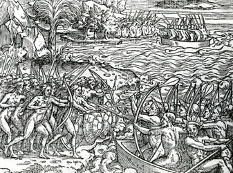Oorlogsscène, Brazilië, illustratie uit "Singulariteiten van Frankrijk Antarctique", door Andre de Thevet, 1558