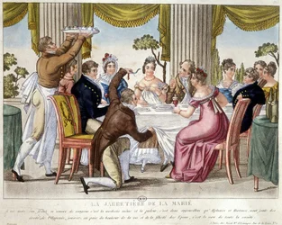 Bruiloftsmaaltijd, kousenbandritueel - ca. 1812