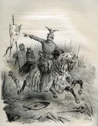 Willem de Veroveraar tijdens de aanval en inname van Mantes in juli 1087, illustratie uit 