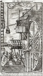 Lier om water uit een mijn te halen, illustratie uit De Re Metallica door Georg Bauer, 1561