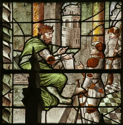 Raam met Diocletianus die de vervolging van Sint Sebastiaan beveelt