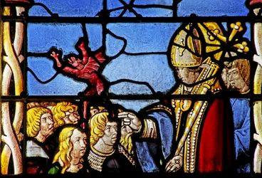 Raam met afbeelding van Sint Cler: verdrijft een demon uit Hasterie