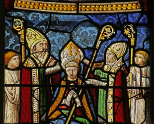 Raam met Sint Nicolaas die bisschop van Myra wordt