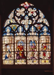 Raam dat de Maagd en het Kind met St. Johannes de Doper uitbeeldt, St. Pieter die Pierre Tullier en zijn vrouw presenteert, St. Johannes die Jehan, Francois en Pierre Tullier presenteert en St. Jacobus die vier presenteert
