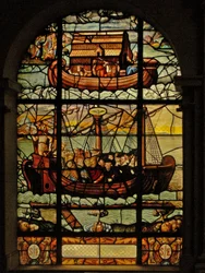 Raam in het Charnier (w.3) met het verhaal van de Ark van Noach en de Kerk met Christus en de gelovigen