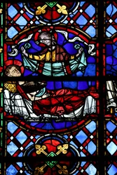 Raam w04 met de Liefdadigheid van St. Martinus: hij verdeelt zijn mantel en deze wordt teruggegeven door Christus