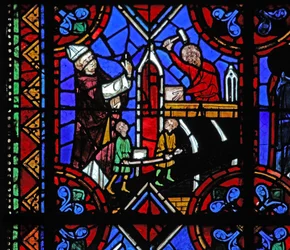 Raam w06 met de bouw van een kerk