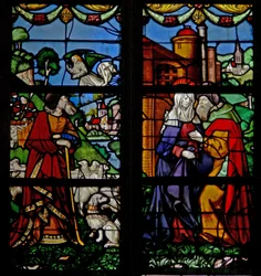 Raam w105 met de Annunciatie aan Joachim en de ontmoeting bij de Gouden Poort