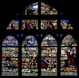 Raam w128 met scènes uit de geschiedenis van Mozes; doortocht door de Rode Zee; verzamelen van manna
