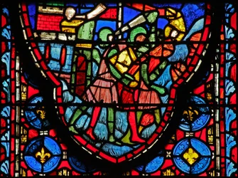 Raam w15 Heilige Relikwieën: Croesus, koning van de Perzen, verwoest Jeruzalem