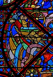 Raam w15 met het verhaal van de relieken van St. Stefanus: ondanks de inspanningen van de demonen overleeft het schip met de relieken de reis - andere schepen zinken