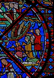 Raam w15 met het verhaal van de relieken van St. Stefanus: bij de herbegrafenis ervaren de mensen wonderbaarlijke genezingen terwijl regen op hen neerdaalt
