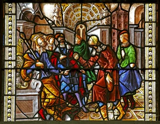 Raam w16 met St. Thomas in India, uitgenodigd voor het huwelijk van Pelagius, geslagen door een dienaar - die op zijn beurt wordt opgegeten door een leeuw. Een hond brengt de arm van de dienaar binnen