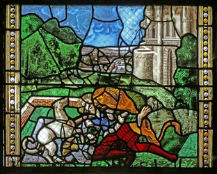 Raam w16 met St. Thomas in India, uitgenodigd voor het huwelijk van Pelagius, geslagen door een dienaar - die op zijn beurt wordt opgegeten door een leeuw. Een hond brengt de arm van de dienaar binnen