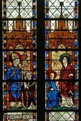 Raam w17 met St. Nicolaas en de schenker Oudin de Troyes; St. Anna en de Maagd Maria