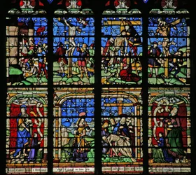 Raam w19 met de Kruisiging, Afdaling en Pietà