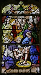 Raam met Christus wast de voeten van zijn discipelen