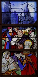 Raam w1 met afbeelding van een scène uit het leven van St. Petrus: Simon Magus en Petrus debatteren; de kathedraal van Rouen en St. Maclou op de achtergrond