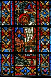 Raam w209 met St. Savinien die preekt en een staf draagt die bloeide nadat hij hem plantte