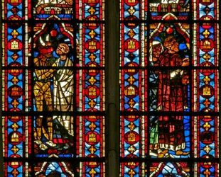 Raam w212 met een scène uit het verhaal van Theophilus: de duivel brengt hem naar de woekeraar Salatin