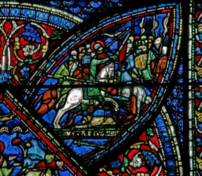 Raam w21 met een scène uit het leven van St. Eustache: hij sluit zich aan bij het leger: doet mee aan de strijd
