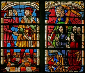 Raam w232 met een scène uit het verhaal van de Verloren Zoon: de woede van de oudere broer; vrouw, dochters, St. Simon van de schenker