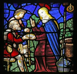 Raam w24 met St. Genevieve geeft een melaatse te drinken