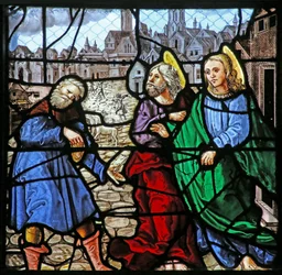 Raam w24 met Twee apostelen geven geld aan een man (De aalmoes van St. Thomas?)