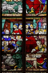 Raam w2 met afbeelding van een scène uit het leven van de Maagd Maria: haar geboorte met talrijke mensen, vroedvrouwen enz.