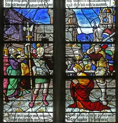Raam w2 met de afbeelding van de dood van St Foy (gebrandschilderd glas)