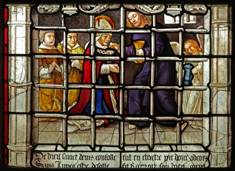 Raam w31 met een scène uit het leven van St. Denis: ontvangt de communie van Christus in de gevangenis