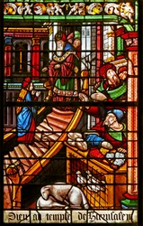 Raam w38 met een scène uit het leven van de Maagd Maria: haar presentatie in de tempel