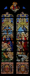 Raam w4 met afbeelding van de Kruisafneming met de schenker François de Montmorency en St. Françoise