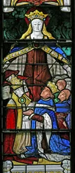 Raam w4 met de Maagd Maria als Beschermer, Paus Paulus II en Koning Lodewijk XI