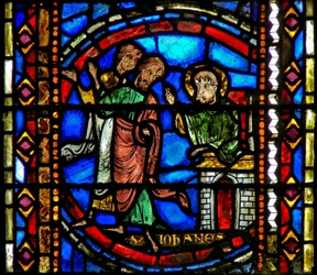 Raam w53 met afbeelding van St. Johannes de Doper stuurt zijn discipelen naar Christus