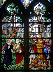 Raam w6 met St. Petrus ontmoet Christus buiten Rome: Quo Vadis?; de kruisiging van St. Petrus
