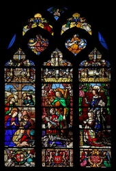 Raam w6 met afbeelding van de Geboorte met herders; schenkers Gaspard de Coligny en vrouw en patroonheiligen