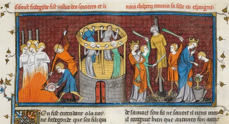 Heksen verbrand, uit Les Grandes chroniques de France, MS Royal 16 G VI f. 64