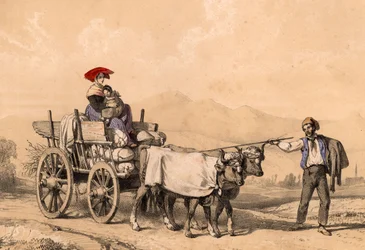 Vrouw en kind in traditionele kleding rijdend op een kar vol zakken, ca. 1840