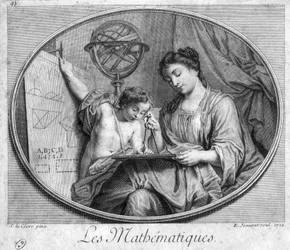 Vrouw en kind met passer en figuren (allegorie van wiskunde) - gravure