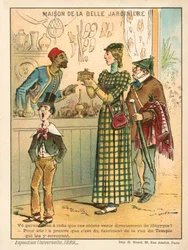 Vrouw die Egyptische voorwerpen onderzoekt, Exposition Universelle 1889, Parijs