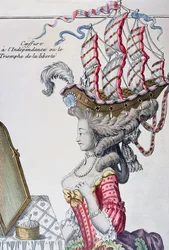 Vrouw in een Dagjurk met een kapsel à la Belle Poule, periode van Amerikaanse Onafhankelijkheid, 1779-80