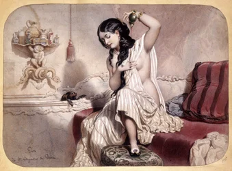 Vrouw die zich parfumeert na het bad - lithografie, ca. 1860