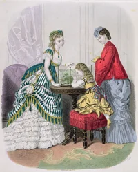 Vrouwen en een kind kijken naar een aquarium, uit La Mode Illustrée, ca. 1870