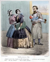 Vrouwen die hun mannen achterlaten om voor de kinderen te zorgen terwijl ze naar hun club gaan, 1848