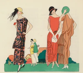 Ontwerpen van damesjurken uit de jaren 1920 door Premet en Christoph Drecoll. (kleurenlitho)