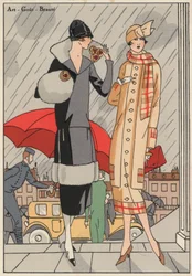 Damesmode uit de jaren 1920 van ontwerpers Premet en Gustave Beer. (kleurenlitho)