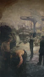 Werkers lossen kolen van een schuit, begin twintigste eeuw